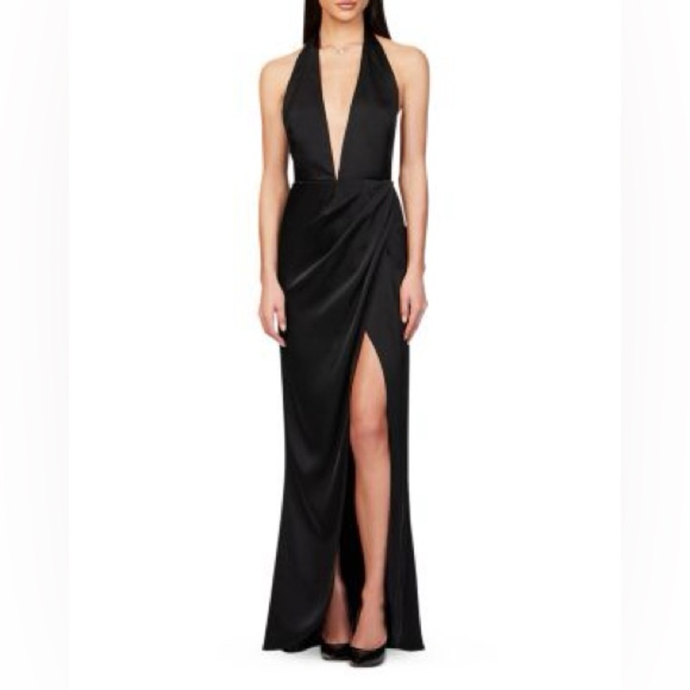 Nookie Stella Satin Plunge Halter Gown in black